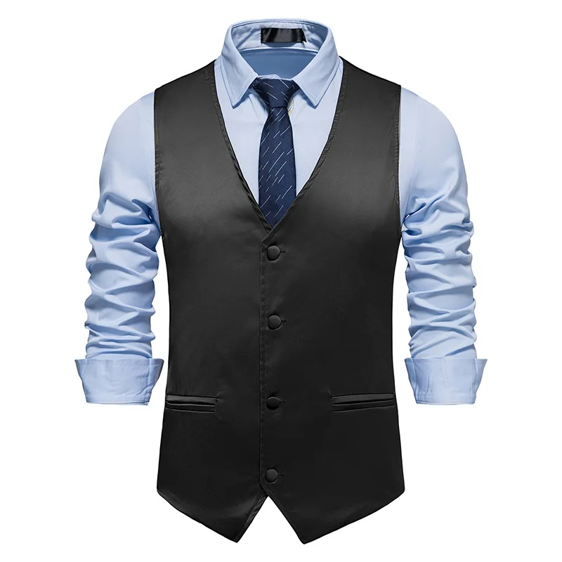

Black V-neck Single Breasted Suit Vest Men 2023 Brand Sleeveless Business Formal Dress Waistcoat Vest Men Gilet Costume Homme