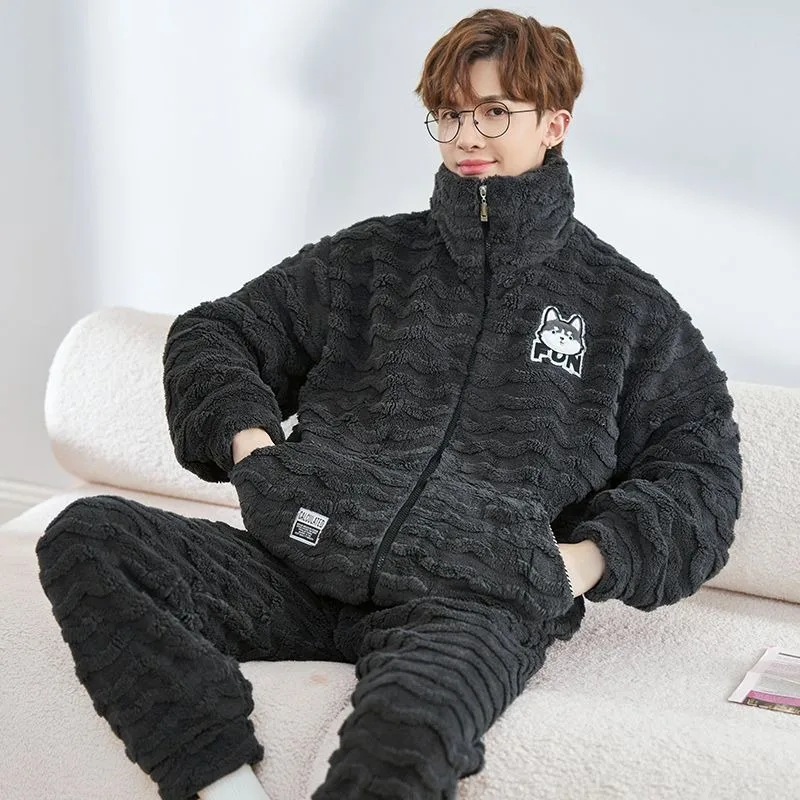 Male Coral Velvet Pajamas Winter Men Fleece-lined Thickened Flannel Homewear Suit Stand-up Collar Thermal Large Size Sleepwear