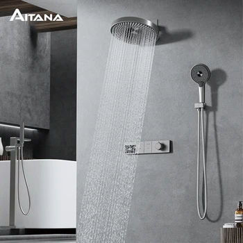 ระบบฝักบัวจอแสดงผลดิจิตอล LED ทองเหลืองสีเทาปืนหรูหราพร้อมดีไซน์ติดผนัง ก๊อกน้ําในห้องน้ําเรียบง่ายสําหรับน้ําร้อนและน้ําเย็น 2