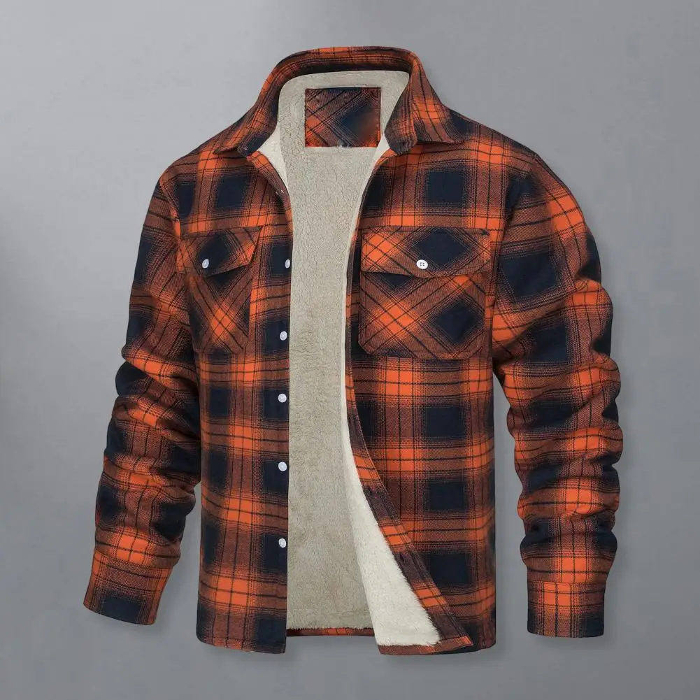 

Single-breasted Jacket Plaid Print Lapel Men's Winter Jacket with Soft Plush Pockets Single-breasted Closure Thickened for Mid