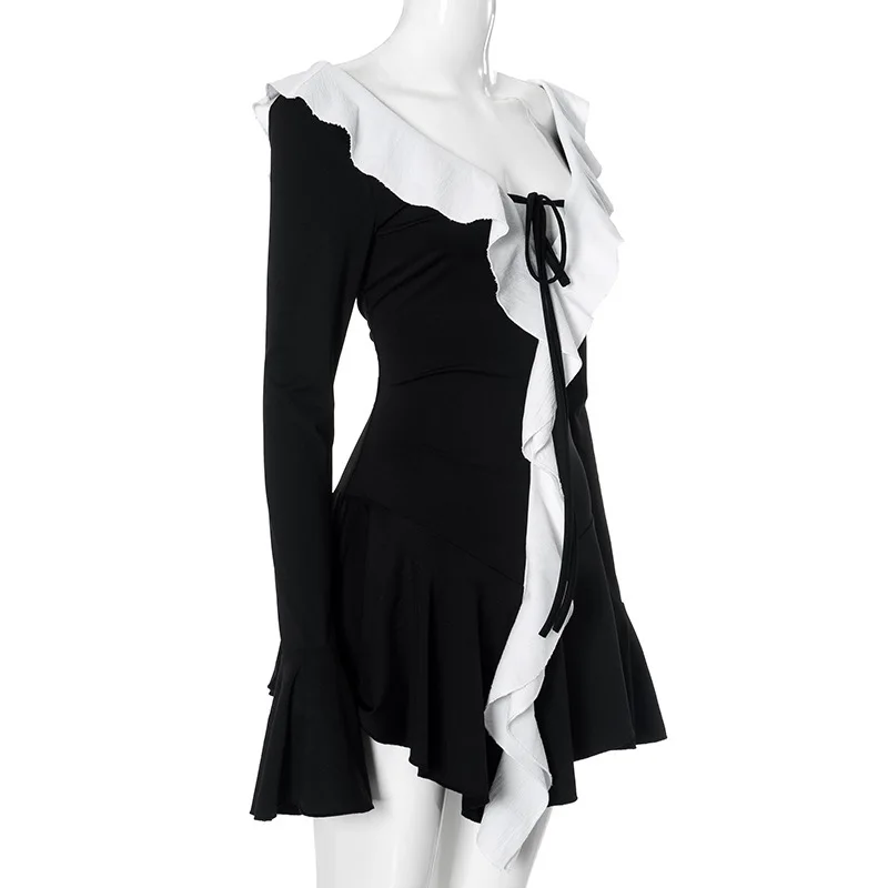 JULISSA MO Patchwork Sexy Cuello en V profundo Volantes Vestido de mujer Negro Manga larga Con cordones Vestido femenino Otoño Slim Elegante Ropa de calle