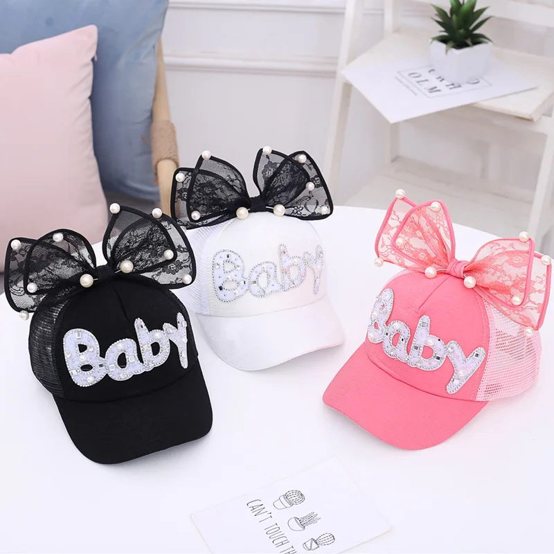 قبعة بيسبول مع لؤلؤ للفتيات ، قبعة شبكية مع قوس كبير ، للأطفال ، كاجوال ، جيد التهوية ، للاستخدام الخارجي ، للصيف