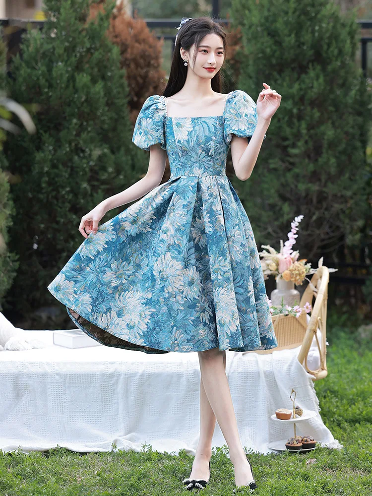 

Blue Printed Birthday Dress Women Square Neck Bubble Short Sleeve Evening Gown Elegant Modern A-line Pleated Prom Dresses