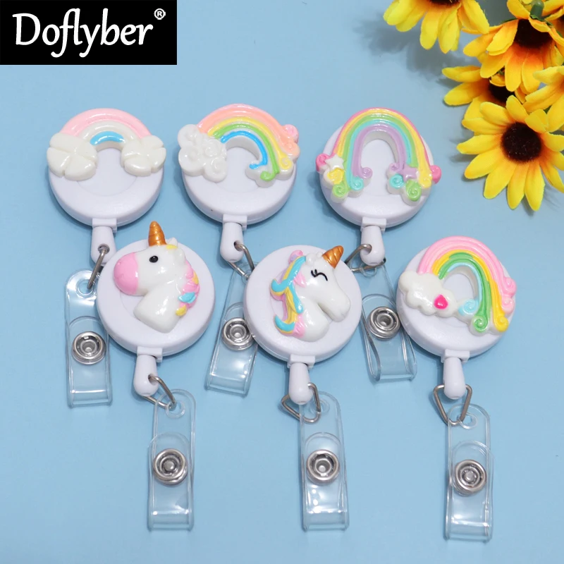 Cute Unicorn Colorful Cloud Retractable Nurse Badge Reel Anti-Lost Clip Key Ring ID Name Tag Card Badge Holders Office Supply