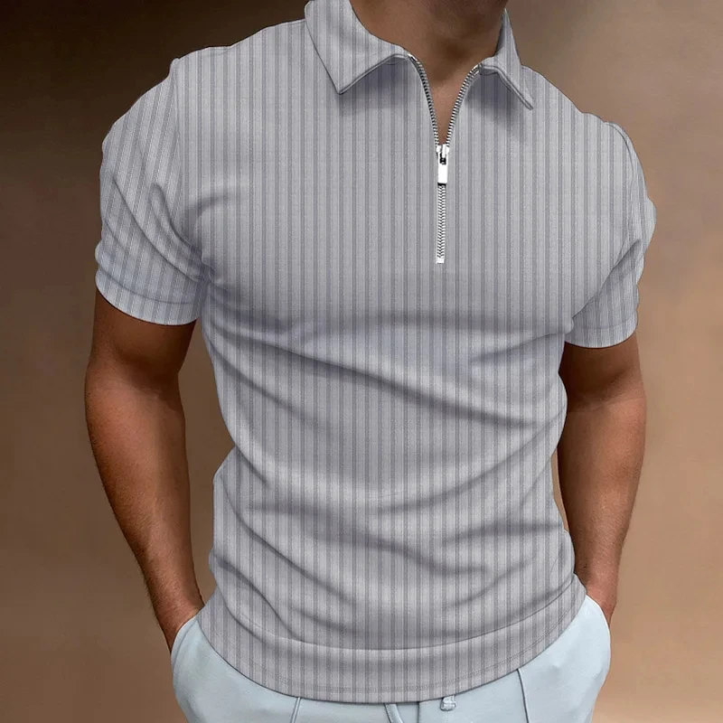 Polo rayé zippé à manches courtes, t-shirt monochrome ajusté, haut décontracté à la mode, été 2023