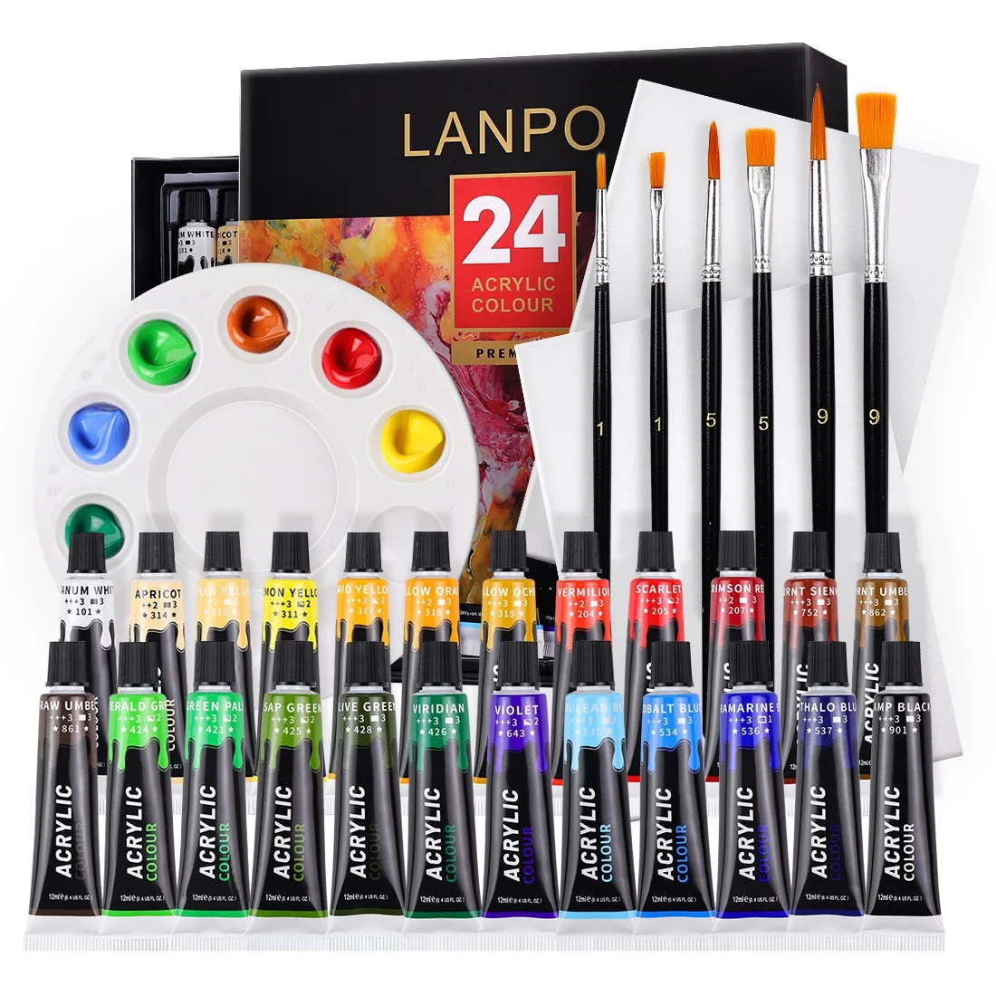 Acrylic Paint 12/24 Colors 12ml Tube Acrylic Paint Set with 6 brushes ,1 palette,for Fabric, Clothing, Rich Pigments for Artists