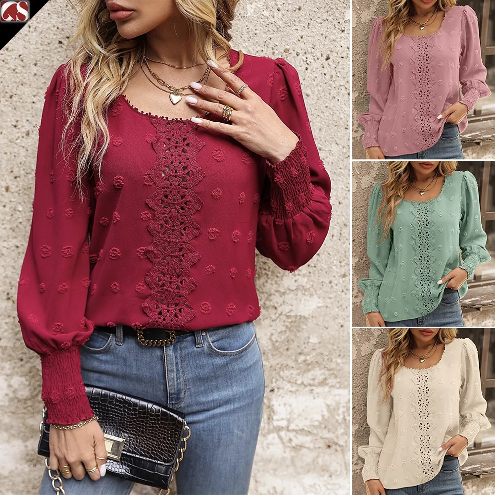 

Elegant Temperament Female Round Neck Bubble Sleeve Big Polka Dot Splicing Lace Hollow Shirt 2023 Autumn and Winter Women's Tops