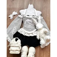 Y2k High Waist Lolita Short Skirt Suit France Vintage Slim Slash Neck Print 2 Piece Set Women Sweet Cute Off Shoulder Top Female 1