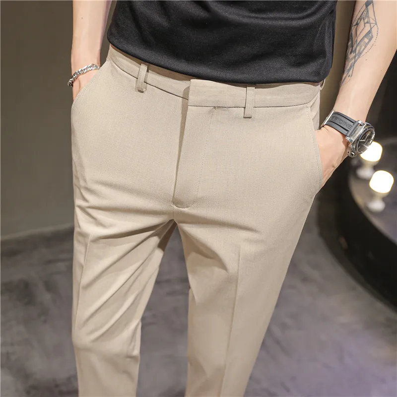 2025 Summer Thin Navy Blue Micro Elastic Ankle-Length Pants for Men, Khaki Small Footed Men's Casual Cropped Trousers,Asian Size 3