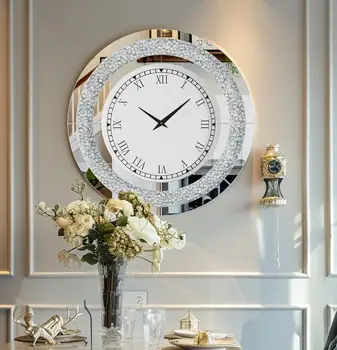 Orologio da parete a specchio rotondo argento bling 60/80CM Glam Sparkle Twinkle Shining per la decorazione domestica 1