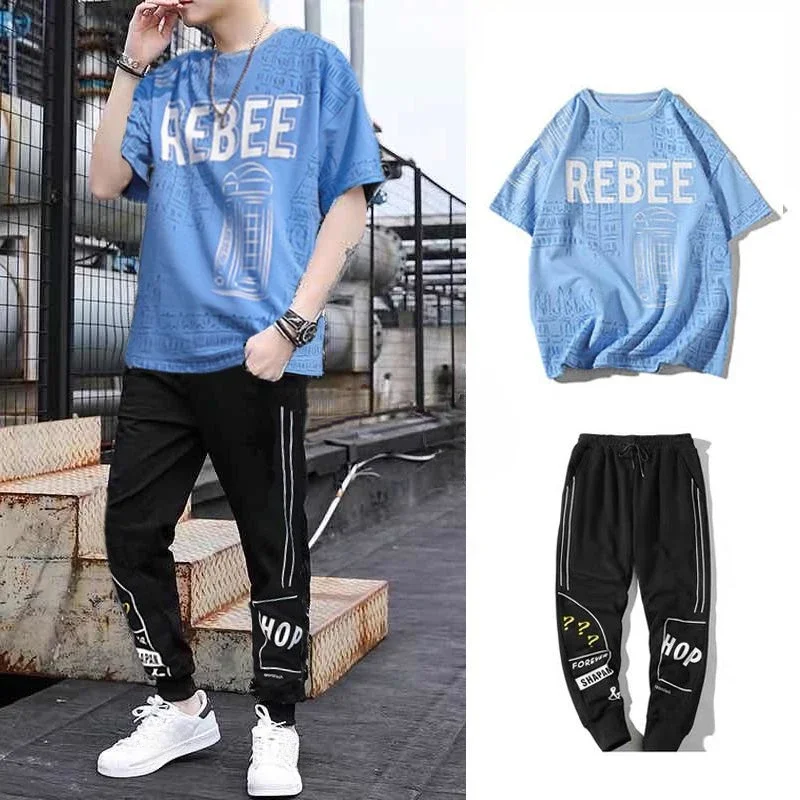 thumbnail image 1 of Conjunto de pantalones de nailon blanco con estampado gráfico para hombre, camiseta negra para hombre, pantalones, conjuntos elásticos, estéticos, marcas originales, holgados, esenciales, talla XL, 1 of 4