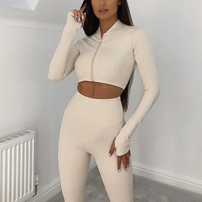 Yoga Set Gym Set Women Tracksuit Long Sleeve Yoga Suit for Fitness Sport Outfit for Woman Sportswear Pilates Clothes Two Piece Wear Khaki