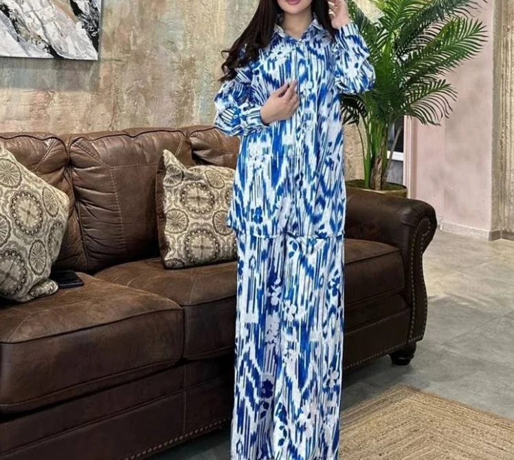 Pants Sets for Women 2024 Casual Style 2024 Spring Summer Vintage Loose Satin Printed Long Sleeved Wide Legged Women's Pants Set