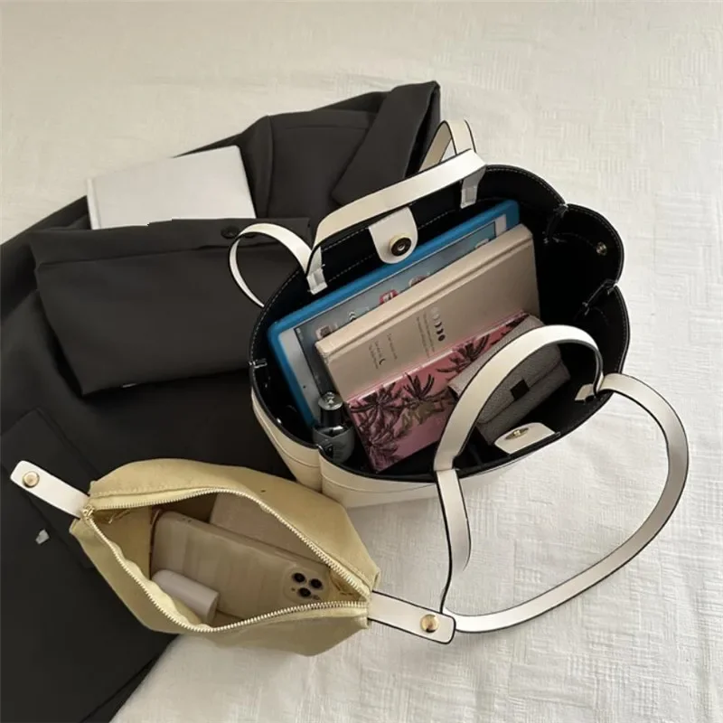 Solid Color Soft Leather Handbag Women Single Shoulder Tote Bag, Large Capacity Commuting Set Handbags Shopping Cross Body Bags