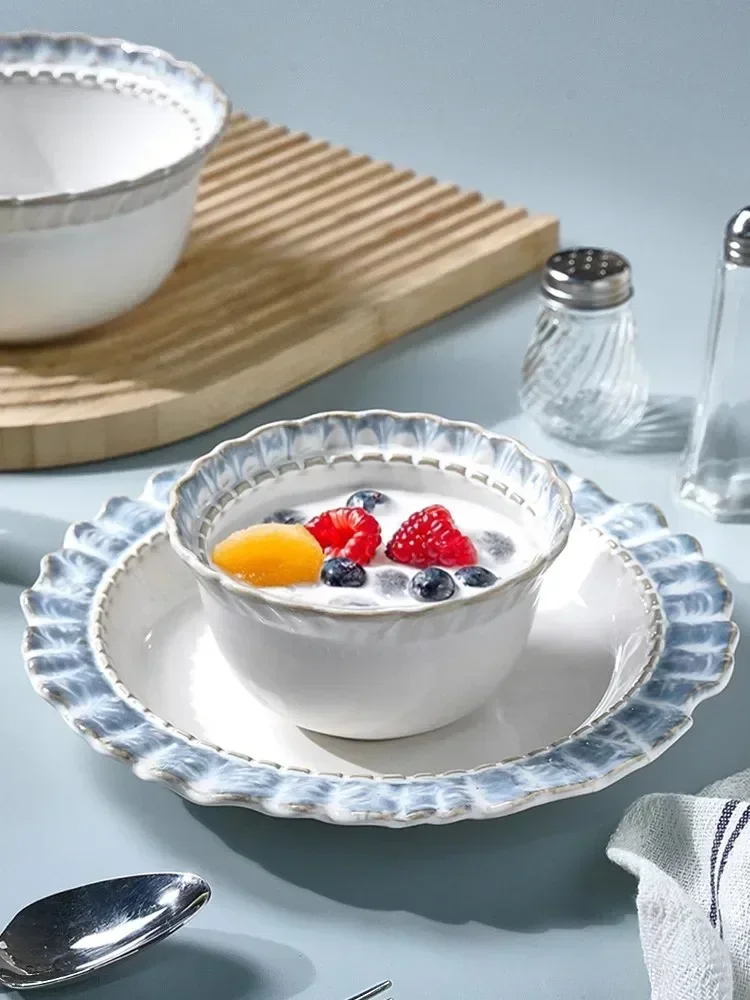 Smoke blue lace ceramic tableware set French retro affordable luxury western food dessert breakfast beautiful