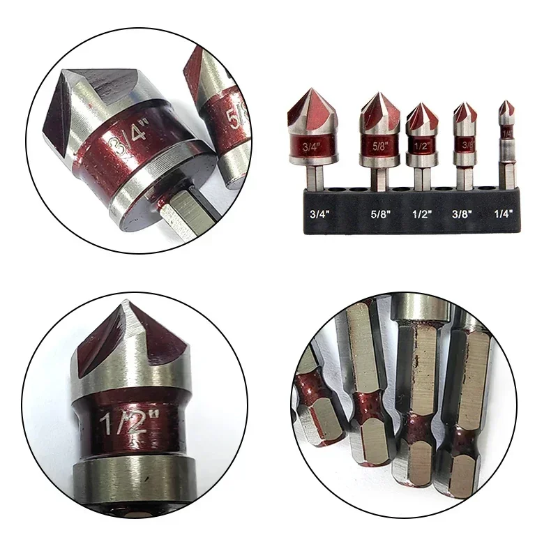 5 Flute Countersink Drill Bit Set 1/4'' Hex Shank 82 Degree Taper Wood Metal Hole Cutter Deburring Chamfering Trimmer Tools