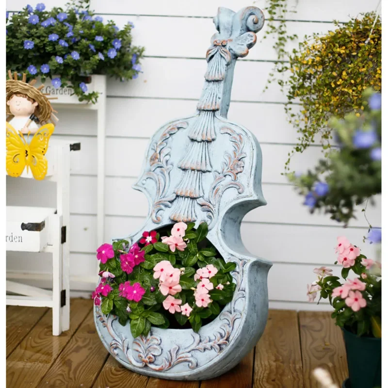 Fioriera per violino in stile europeo Vaso da fiori artistico per balcone e giardino Decorazione unica per bonsai da patio, decorazione paesaggistica per terrazza - immagine 6