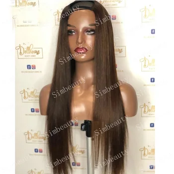 Dark Chocolate Brown Glueless Bone Straight V Part Wigs 100% Remy Human Hair Full Machine Middle U Shape Unprocessed Half Wig