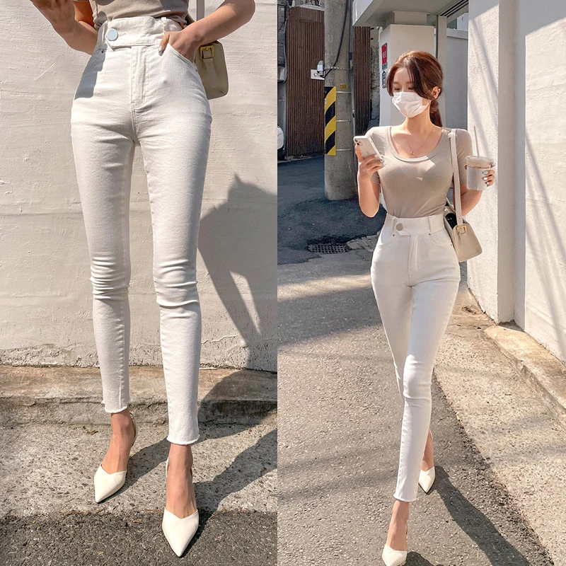 

Comfortable Soft Washed Cotton Spandex High Waist White Jeans Frayed Hem Skinny Legs Denim Pants Women