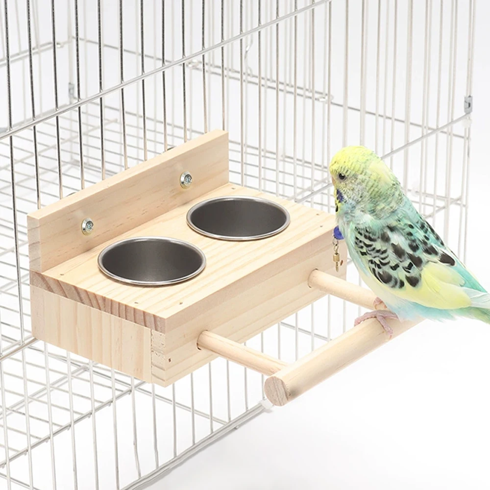 Wooden Pet Parrot Stand Perch Box Toy Bird Feeder Cups with Stainless Steel Double Dispensers & Cage Clip for Parakeets Gerbils