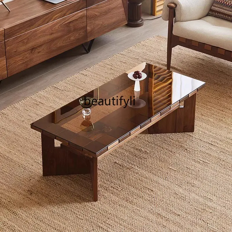 

North America Imported Black Walnut Small Apartment Coffee Table Solid Wood Glass Rectangular Double Layer Tea Table Nordic