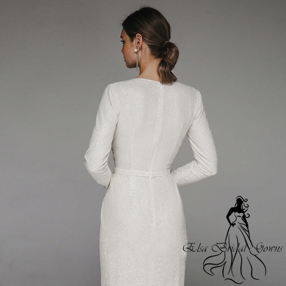 Customized Wedding Dresses New Arrivals V-Neck Simple Long Sleeves Sequin Bride Dress Side Split Mermaid Elegant Party Gowns 2