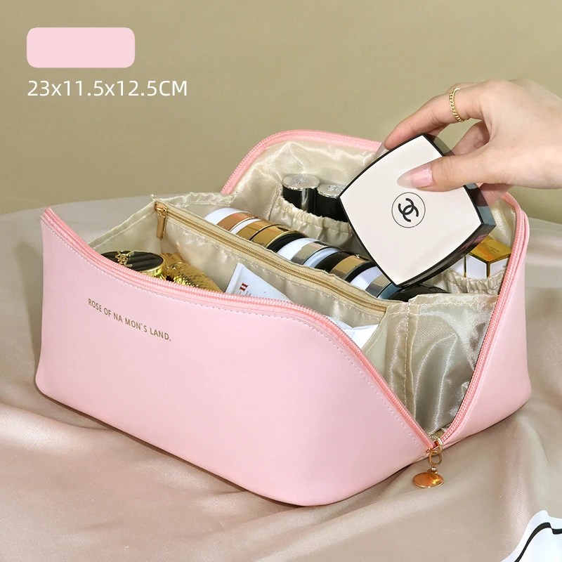 Pu Leather Plaid Large-capacity Travel Cosmetic Bag Outdoor Leather Makeup  Pouch Women Waterproof Bathroom Washbag Makeup Bag - Cosmetic Bags & Cases  - AliExpress