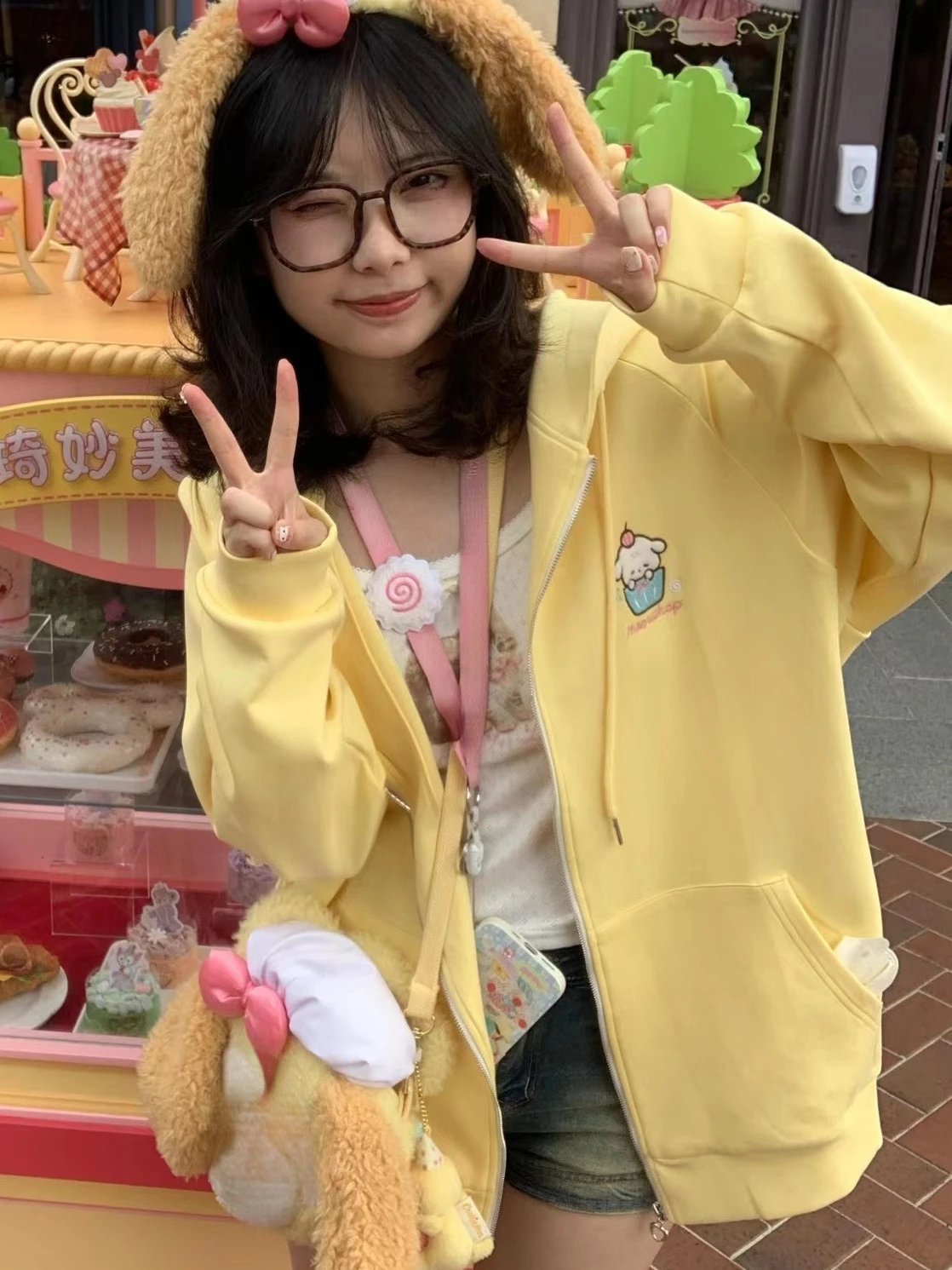 

Deeptown Kawaii Zip Up Hoodie Women Sweet Girl Cute Cartoon Embroidery Hooded Sweatshirts Japanese Fashion Harajuku Casual Tops