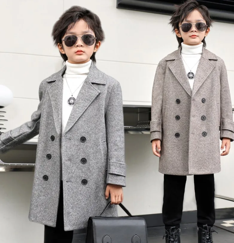 

2024 детское зимнее теплое шерстяное пальто, ветрозащитная уличная длинная куртка для мальчиков, детское зимнее шерстяное пальто для фотографирования на день рождения