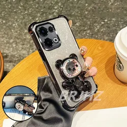 Shockproof Bear Bracket Holder Glitter Plating Transparent Case - OPPO Reno7 5G (Black)