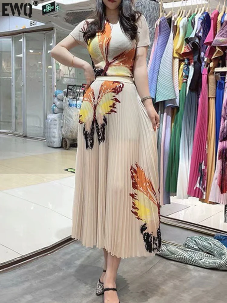 

Vintage Temperament Gradient Short Sleeve Printed Shirt + Elastic Waist Pleated Skirt Women 2 Piece Set 2023 Summer Tide