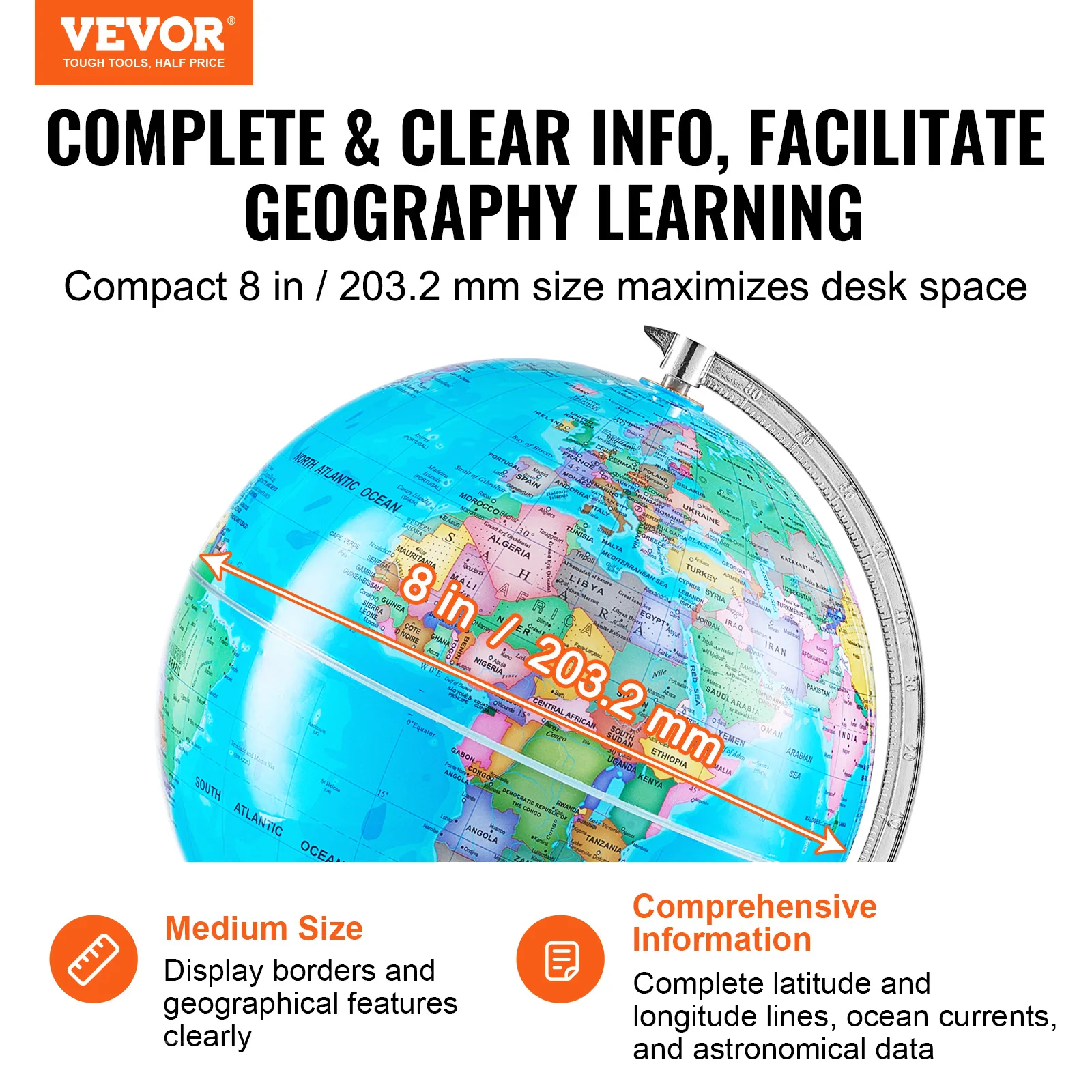 Rotating World Globe with Stand 8 in/203.2 mm Precise Time Zone ABS Material 360&deg; Spinning for Kids Geography Education SucceBuy