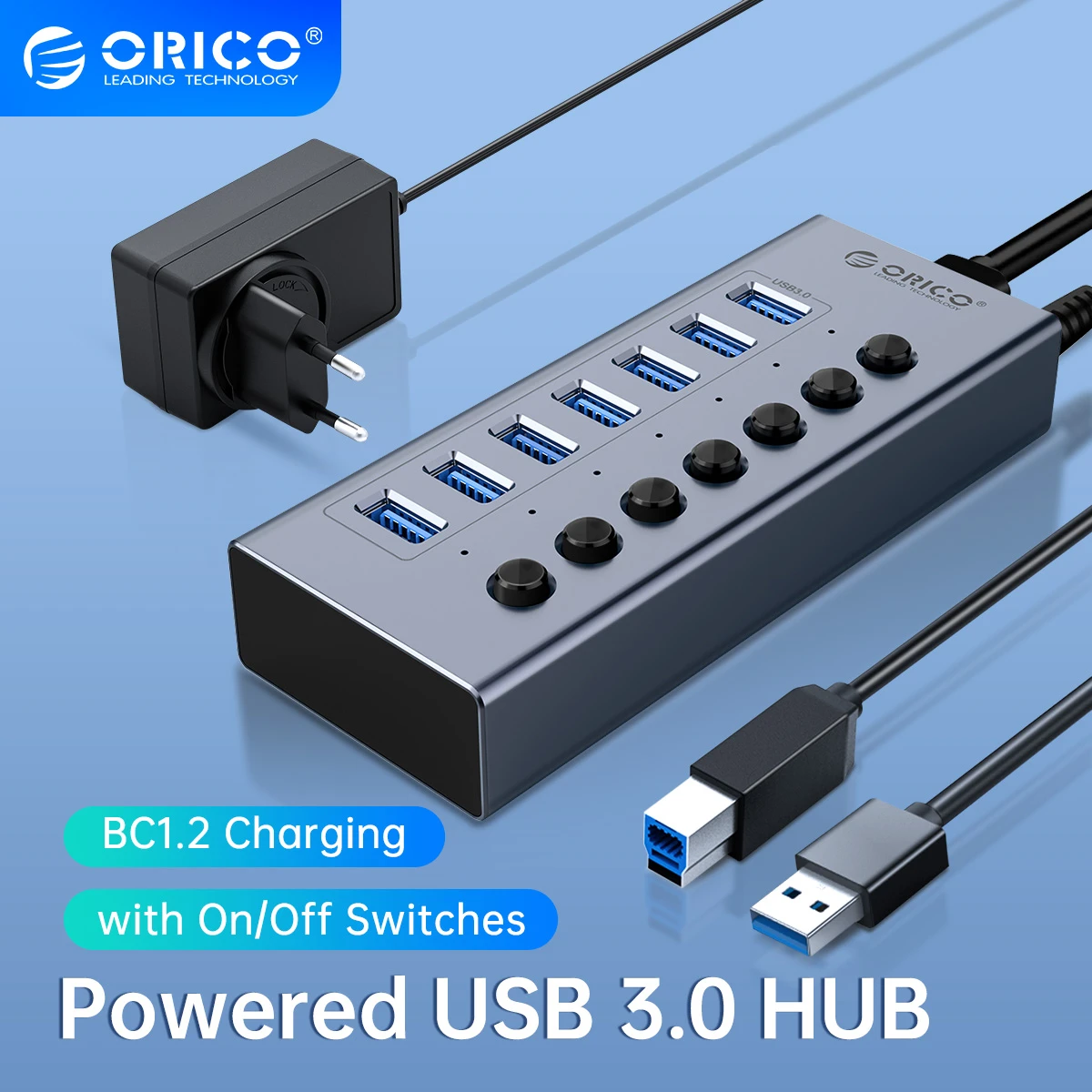 ORICO HUB 3,0 Industrial, 7/10/13/16, divisor USB de aluminio, interruptor de encendido/apagado con adaptador de corriente 12V, compatible con carga para ordenador|Concentradores USB| AliExpress