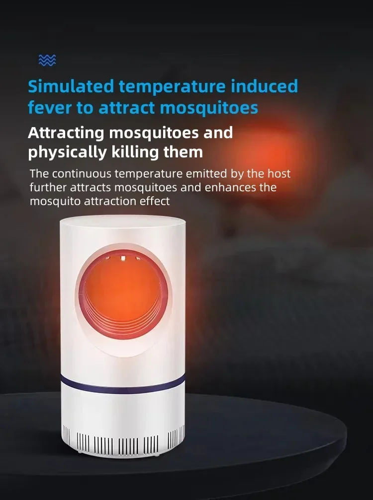 Image featuring the NEW Indoor Electric Mosquito Trap with a glowing red light. The text overlay explains its function: "Simulates temperature to mimic fever, luring mosquitoes before exterminating them." The mosquito killer lamp rests on a dark surface, powered by USB with an adapter and suction fan.