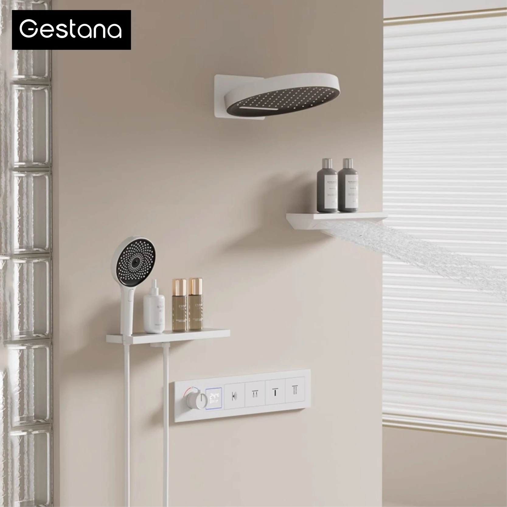 ระบบฝักบัวแบบติดผนัง ทำจากทองเหลืองสีขาว พร้อมระบบควบคุมอุณหภูมิ การออกแบบหน้าจอ LED ดิจิตอลสำหรับก๊อกน้ำผสมในห้องน้ำ 4 ฟังก์ชัน สำหรับน้ำร้อนและน้ำเย็น 1