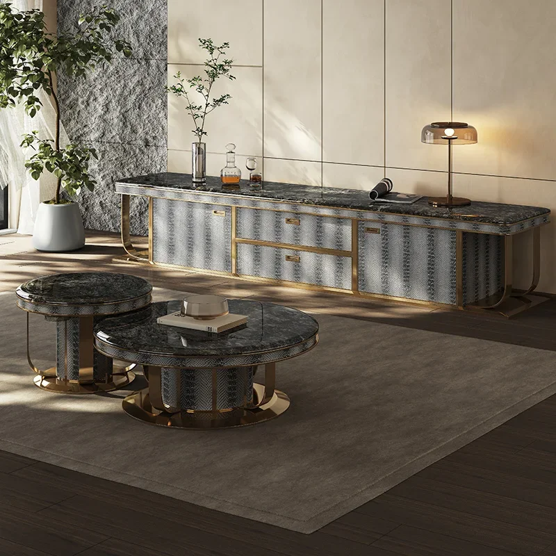 

Luxury designer natural luxury stone platinum diamond TV cabinet tea table combination high-end villa creative stainless steel f