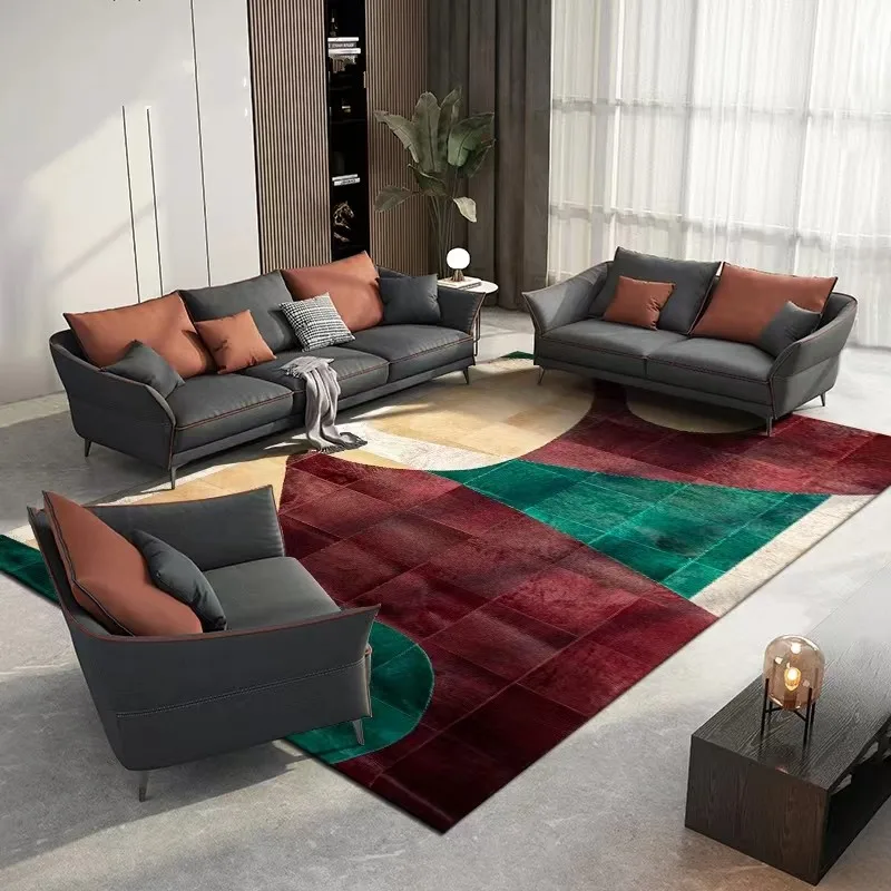 

Green color luxury cowhide patchwork abstract art rug , big size American style real cow leather decoration fur carpet