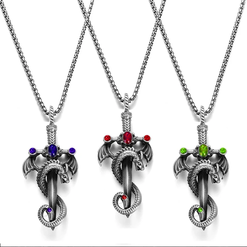 

New High Quality Ancient Bushirong Gem Sword Pendant Necklace Punk Men's Zinc Alloy Party Jewelry Best Men's Gift