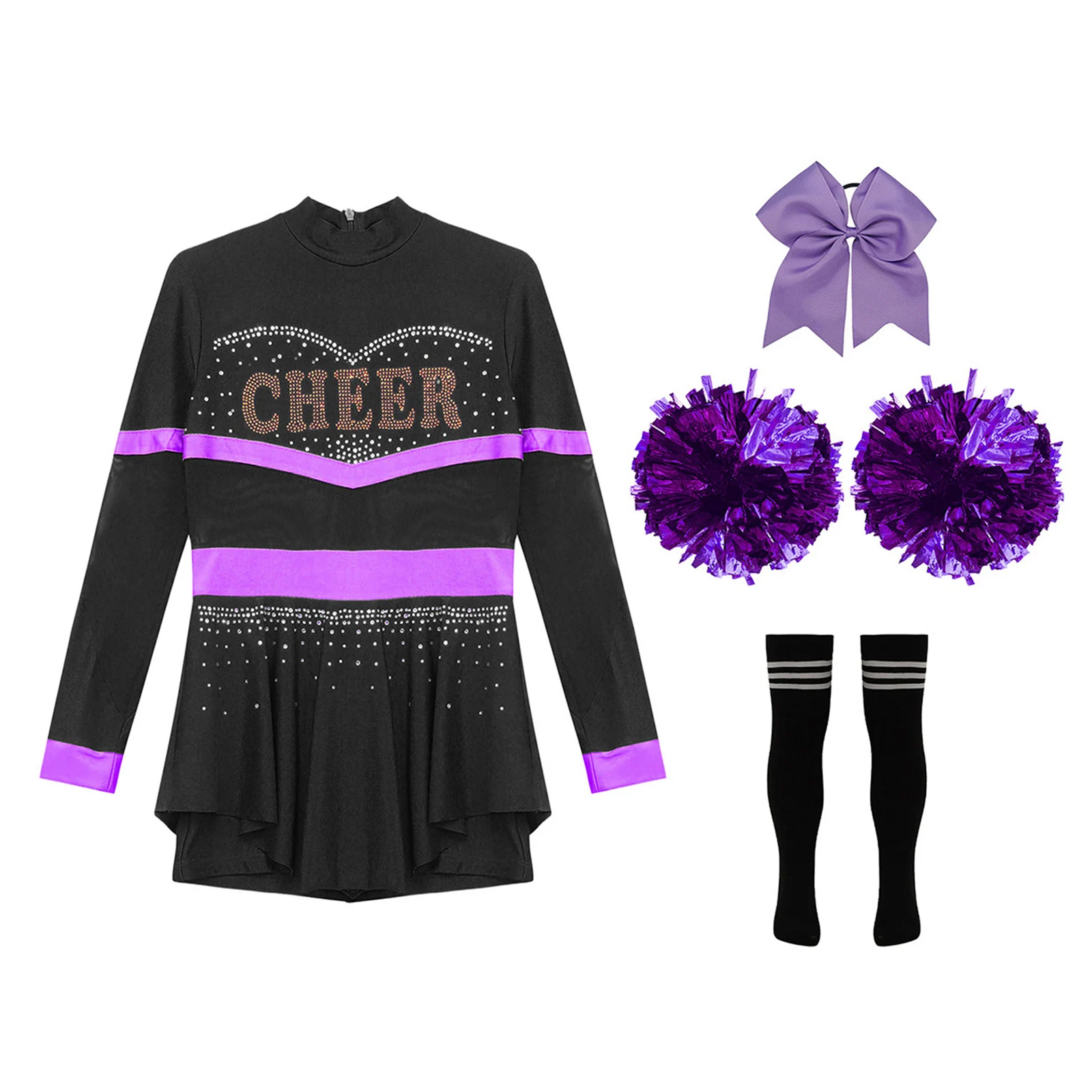 Enfant filles Cheerleading Halloween déguisement tenues Cheer Leader Costume à manches longues danse justaucorps robe et chaussettes Dancewear