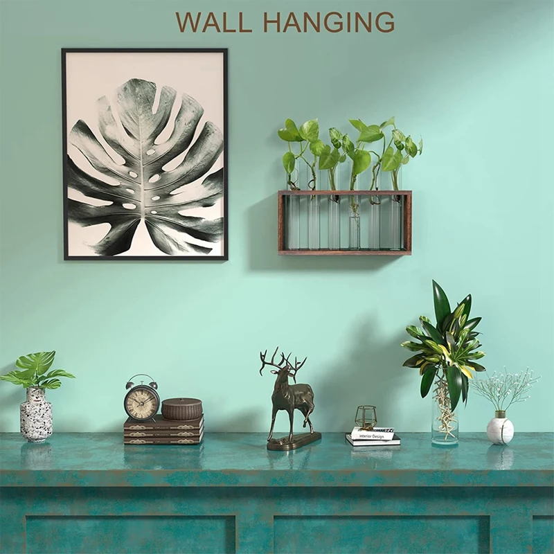 Plant Terrarium With Wooden Stand, Desktop/Wall Hanging Live Plant Propagation Station Planters Glass Tubes Hydroponic 5