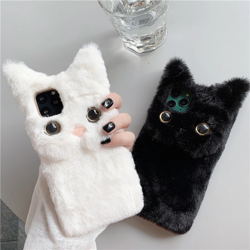 Cute 3D Cartoon Cat Furry Plush Shockproof Phone Case Cover