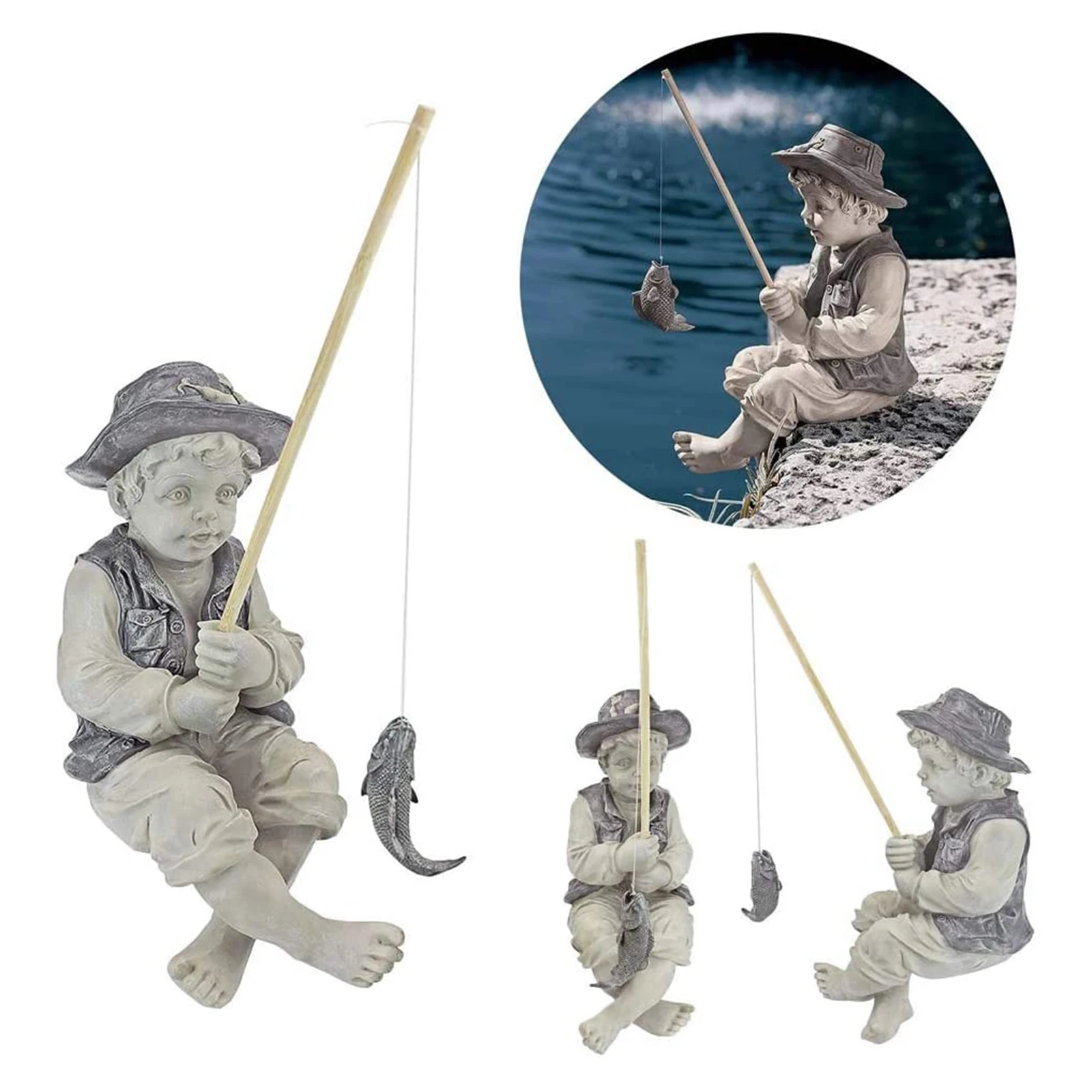 Description Picture 5 of itemGarden Statue Gone Fishing Boy Yard Ornaments Fisherman Funny Lawn Sculpture Home Decoration with Fishing Rod Creative Decor