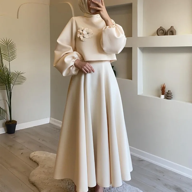 2024 New Islam Abaya Dress Flower Lantern Sleeves Loose Women's Dress Muslim Sets Two Piece Set for Middle East Dubai