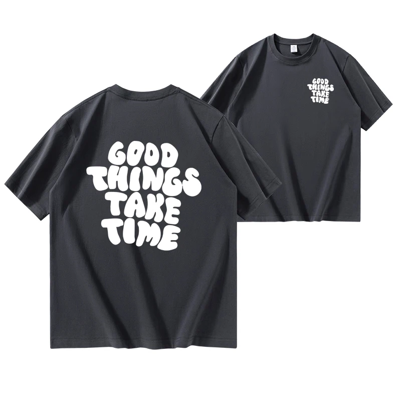 Gode ting tar tid Mønstertrykk Behagelig T-skjorte, Grafisk T-skjorte sommer utendørsklær, Herreklær, Overdeler for menn_voghion.com
