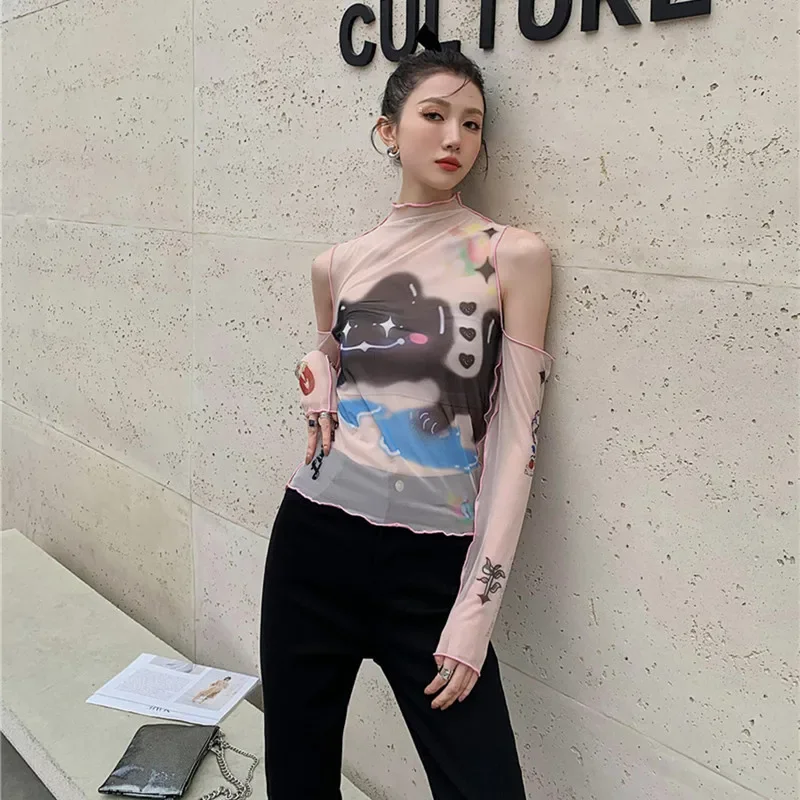 

Summer Ladies Tight-fitting Printed Slim Hollow T-shirt Women's Top Women's Fashion Net Yarn Half Sleeve Bottoming T-Shirt 2024