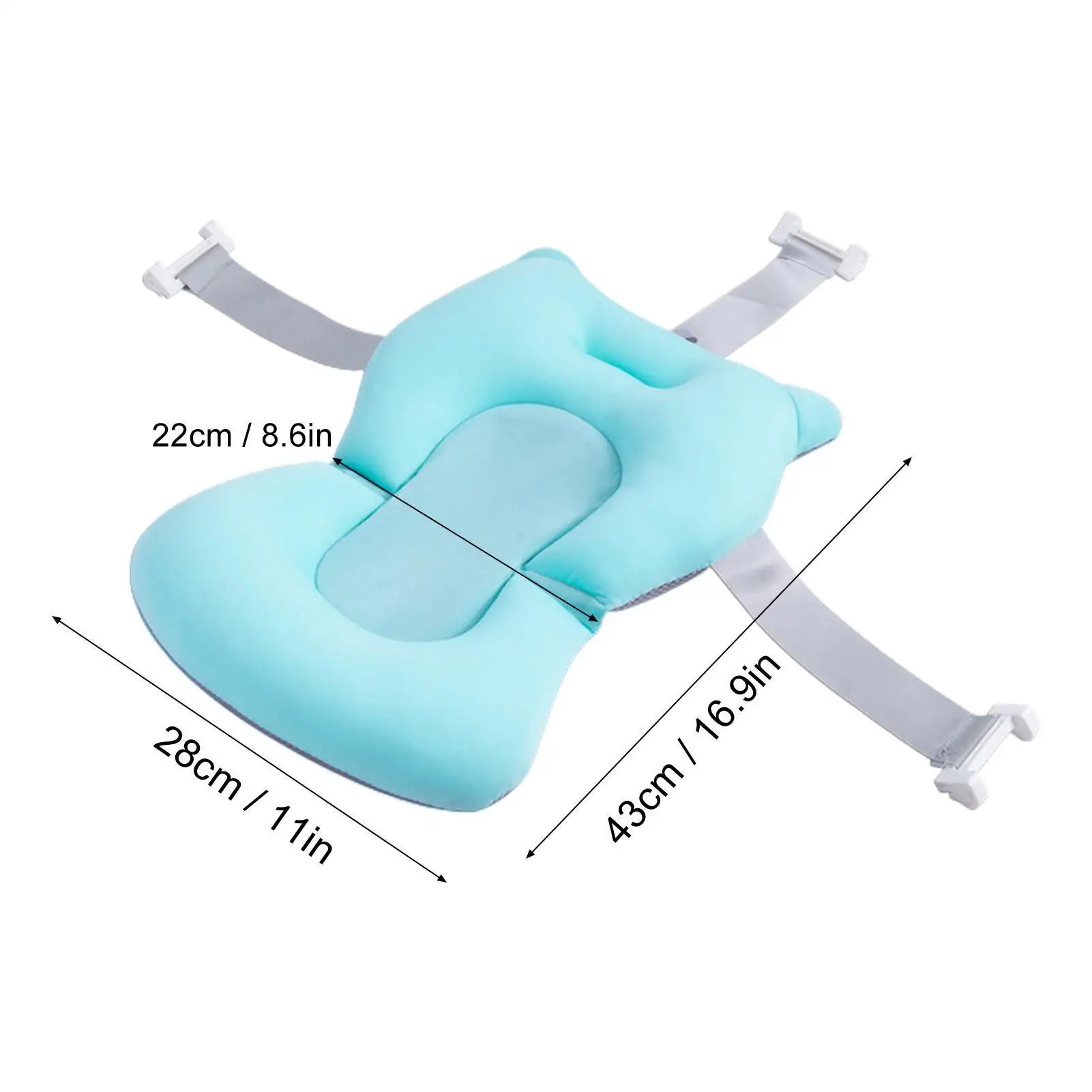 White baby bath cushion with safety buckles and adjustable foldable design.