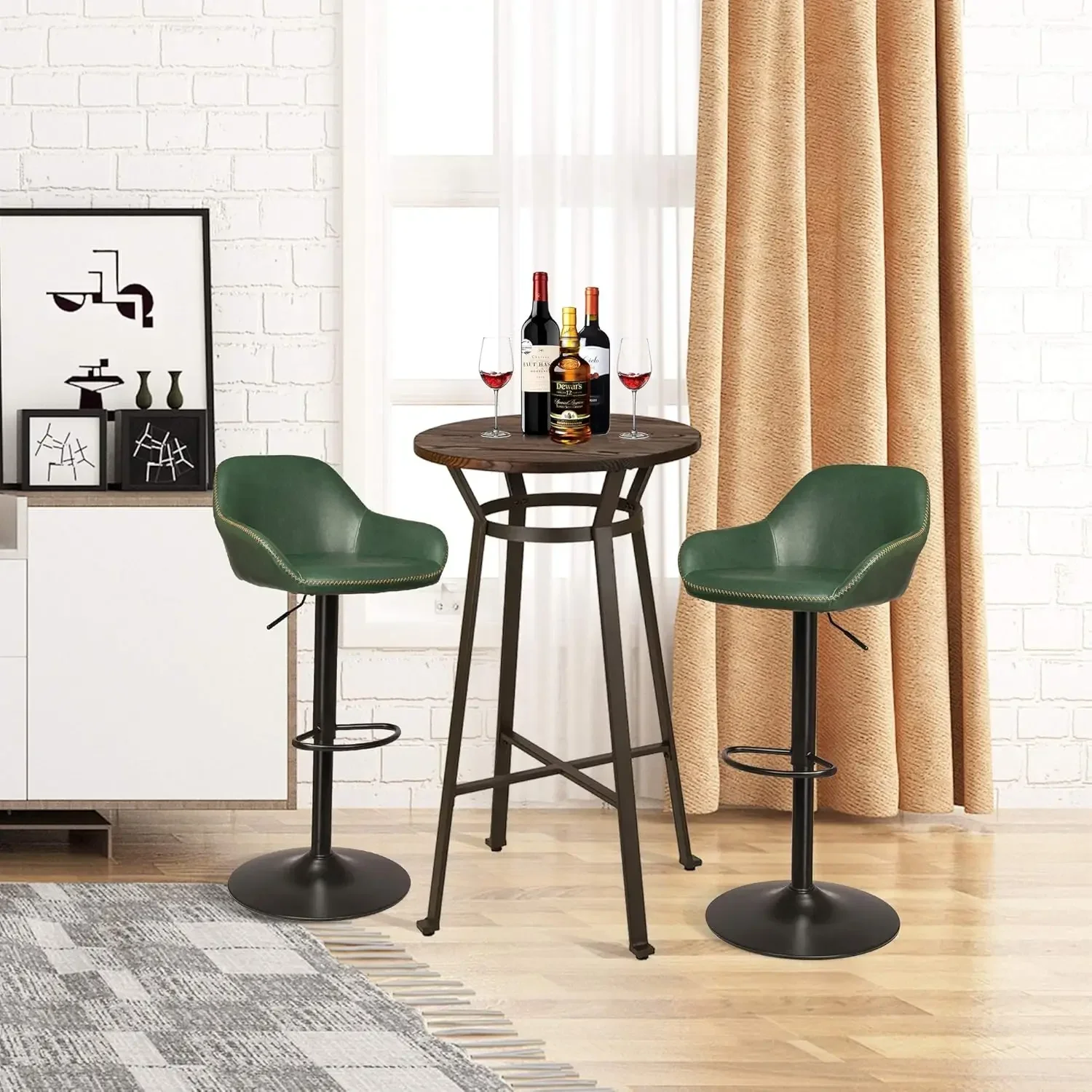 3 Piece Pub Table and Chairs Set Round Rustic Bar Height Top Table Adjustable Swive Hunter Bar Stools Bistro Diningroom