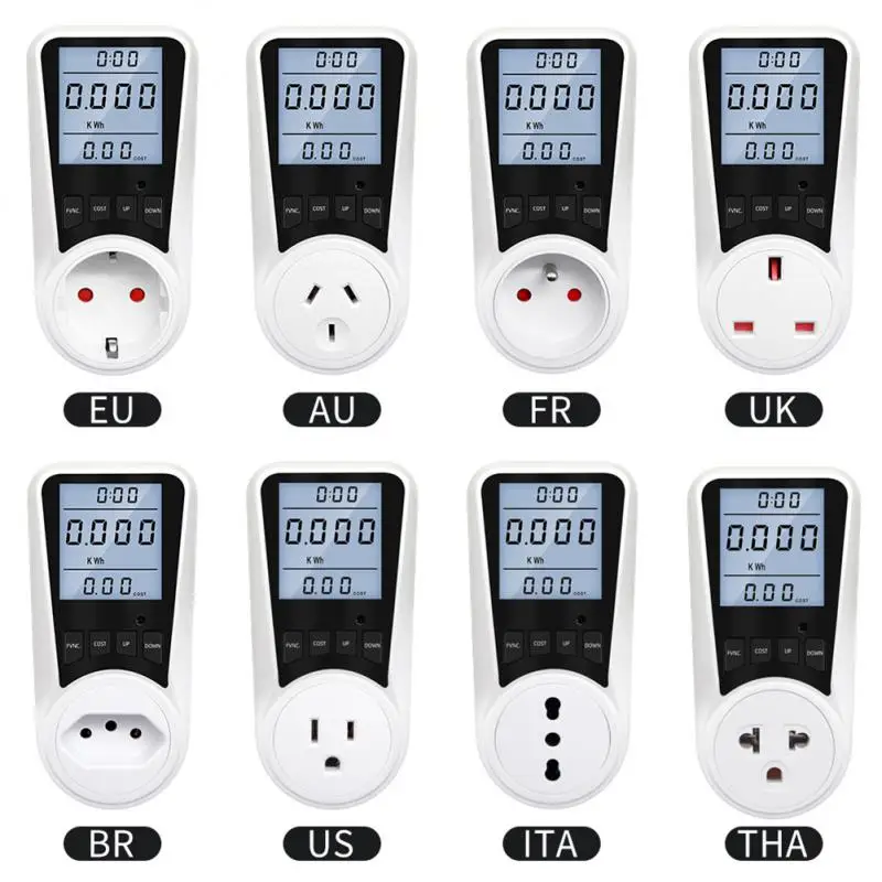 

220V AC Digital Wattmeter LCD Electricity Consumption Energy Meter Kwh Outlet Power Analyzer EU UK FR US BR AU Plug