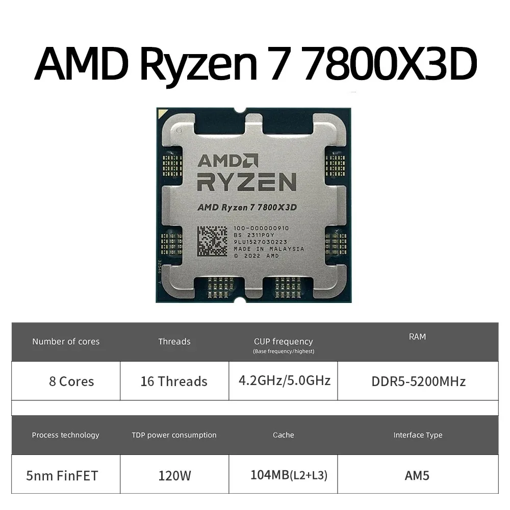 AMD Ryzen 7 7800X3D R7 7800X3D CPU 8-core 16-thread 5GHz unlocked desktop processor socket AM5 gaming CPU without package