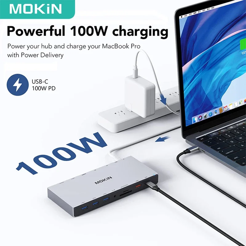 MOKiN USB C Docking Station 4K 60Hz HDMI DP USB 3.0 100WPD USB-C 10Gbps Triple Display 3 Monitors for Windows MacBook Surface 3